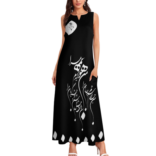 RUMI PERSIAN CALLIGRAPHY SLEEVELESS ANKLE-LENGTH DRESS من هو کشیدم هو مرا