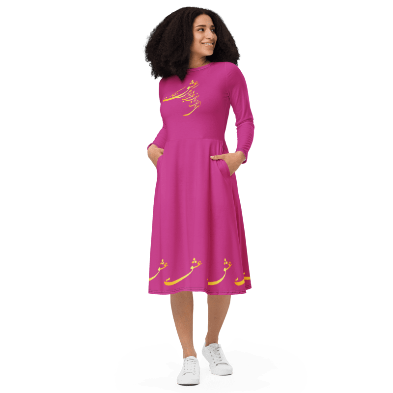 PERSIAN CALLIGRAPHY LONG SLEEVE MIDI DRESS