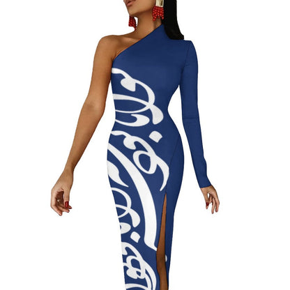 FARSI CALLIGRAPHY ONE SHOULDER SPLIT DRESS – BIQ