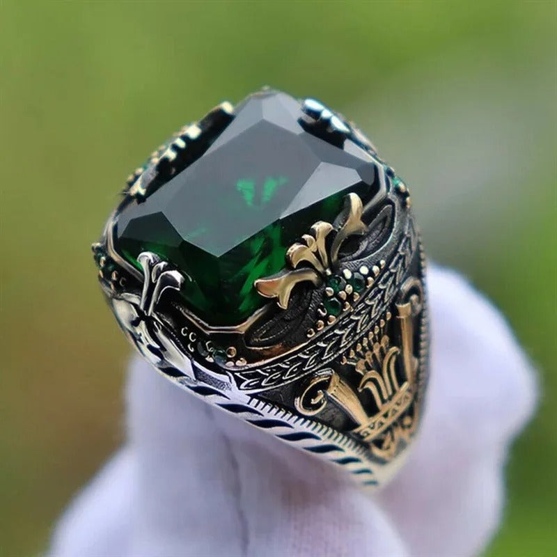 BAGUE HOMME LUXE ÉMERAUDE – SAPHIR INCRUSTÉ STYLE RÉTRO
